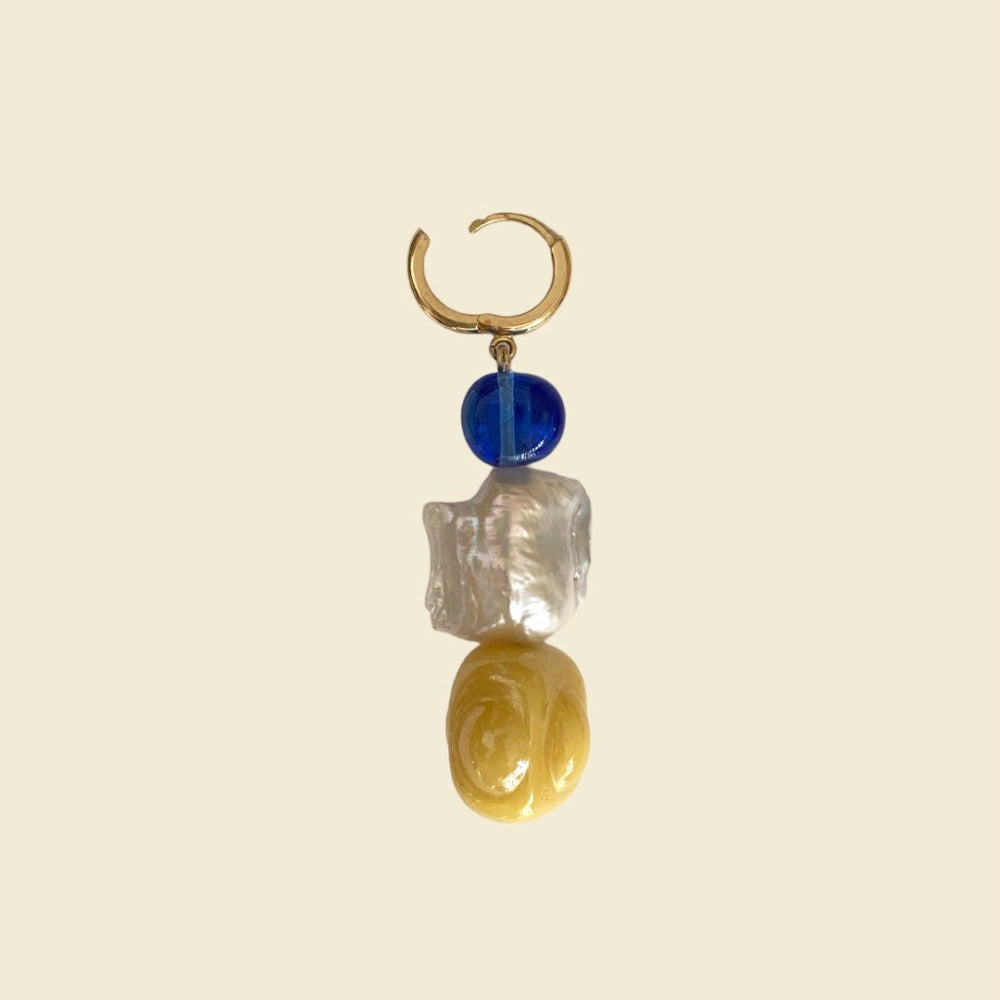 14 karat solid gold hoop earrings with curated selection of natural gemstones, vintage Murano glass beads and highest grade of freshwater pearls