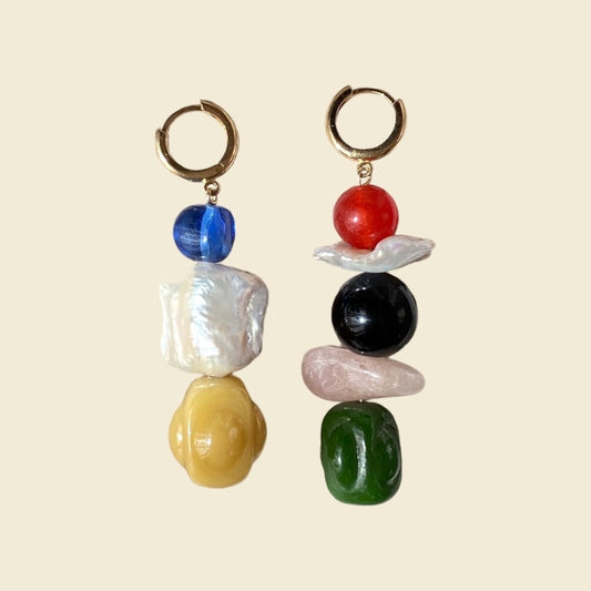 14 karat solid gold hoop earrings with curated selection of natural gemstones, vintage Murano glass beads and highest grade of freshwater pearls