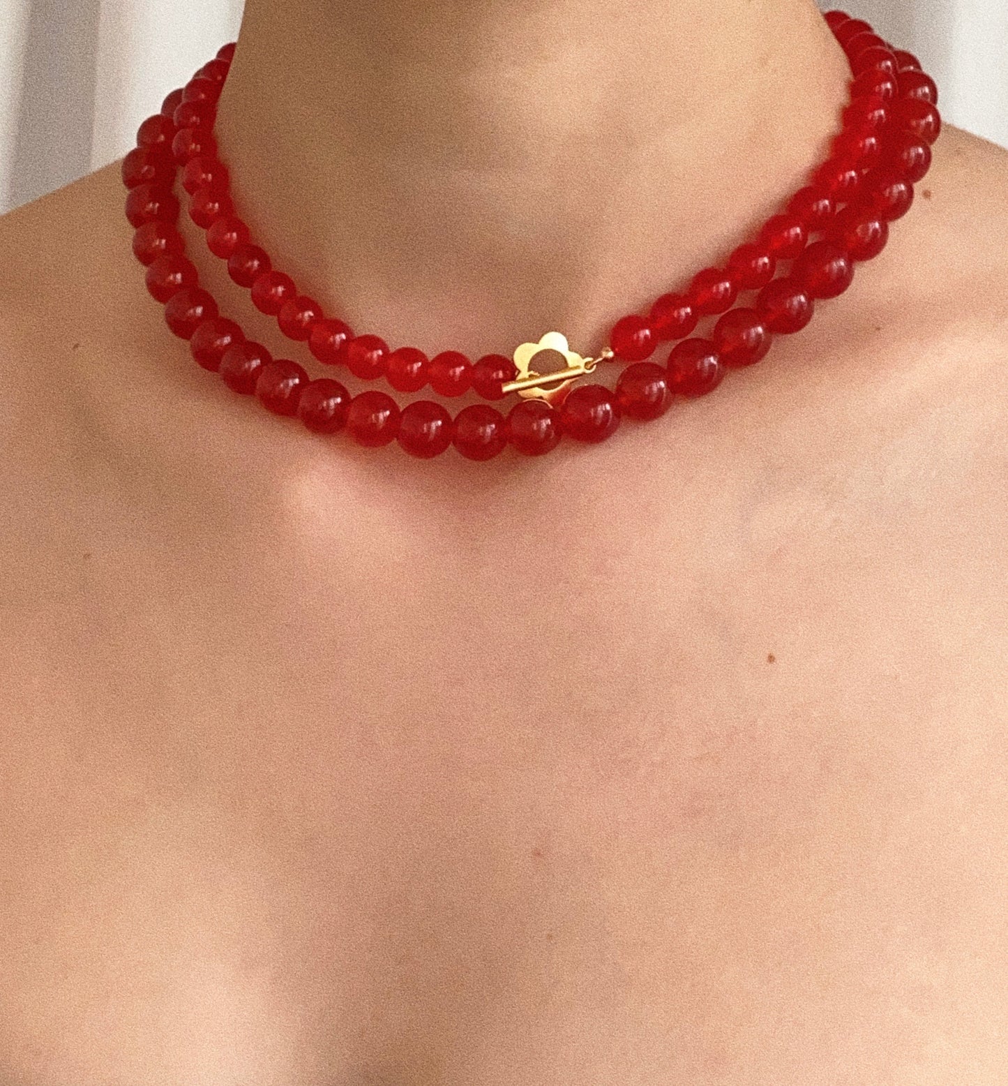 ruby red jade choker necklace with toggle bar