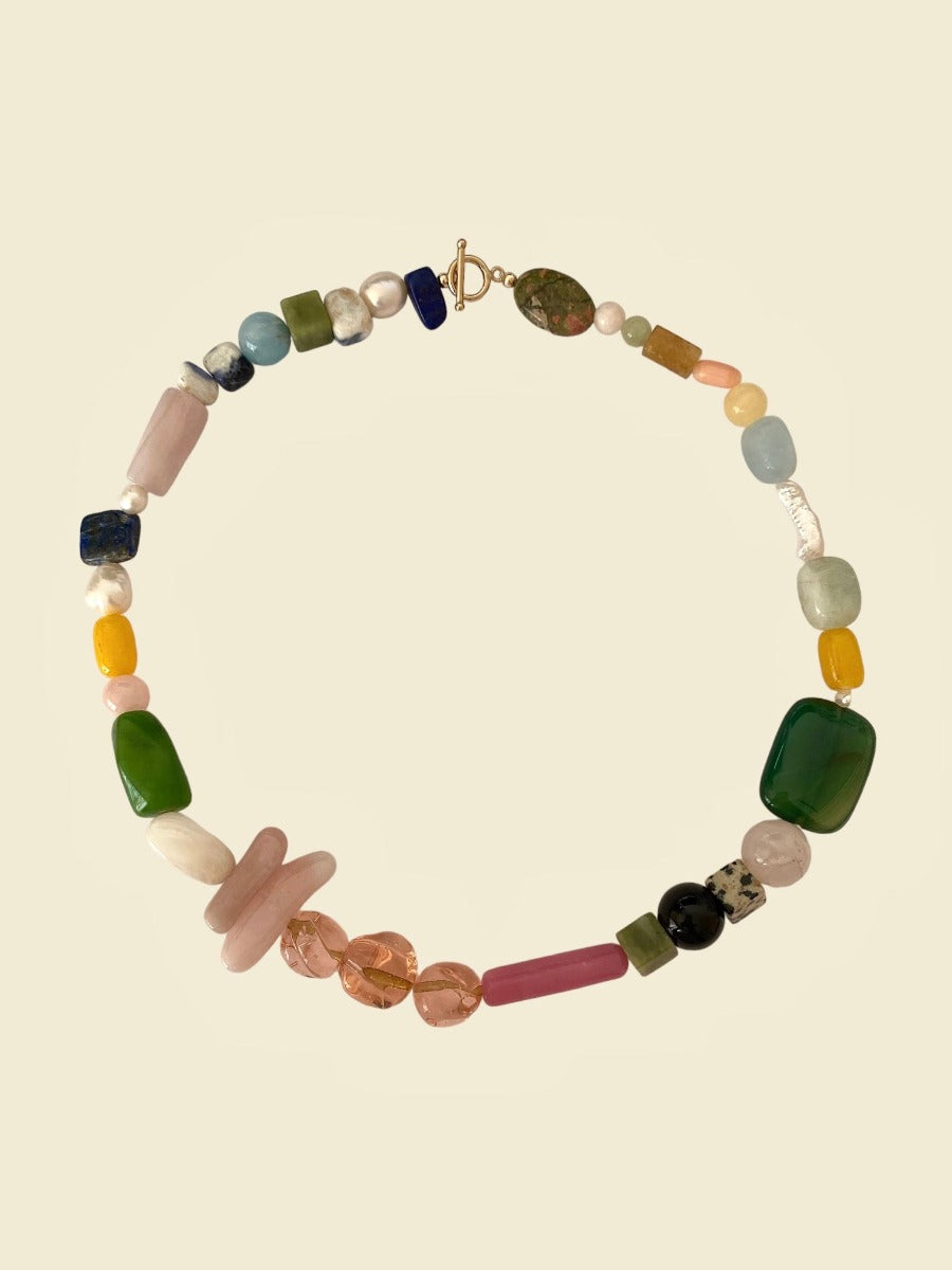 Beleza necklace is handcrafted from deadstock vintage murano glass beads, together with highest grade of freshwater pearls and a curated selection of natural gemstones.