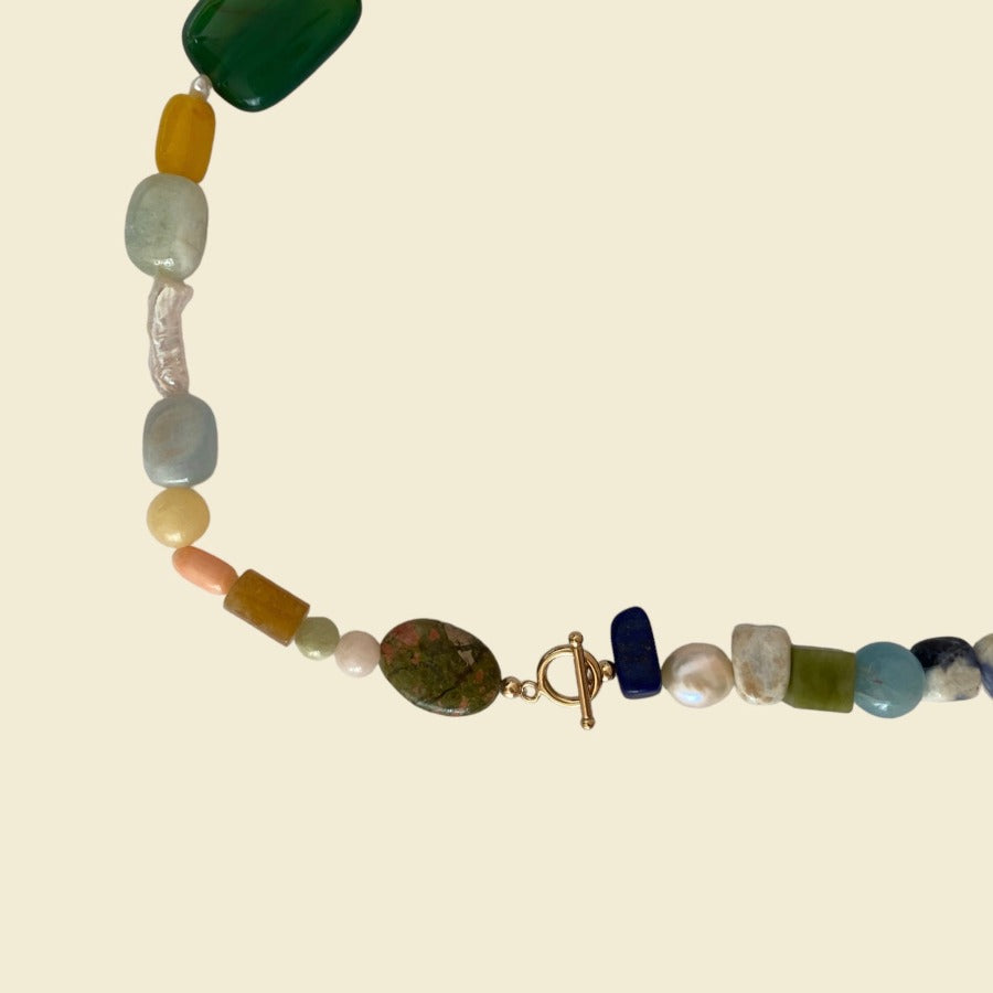 Beleza necklace is handcrafted from deadstock vintage murano glass beads, together with highest grade of freshwater pearls and a curated selection of natural gemstones.