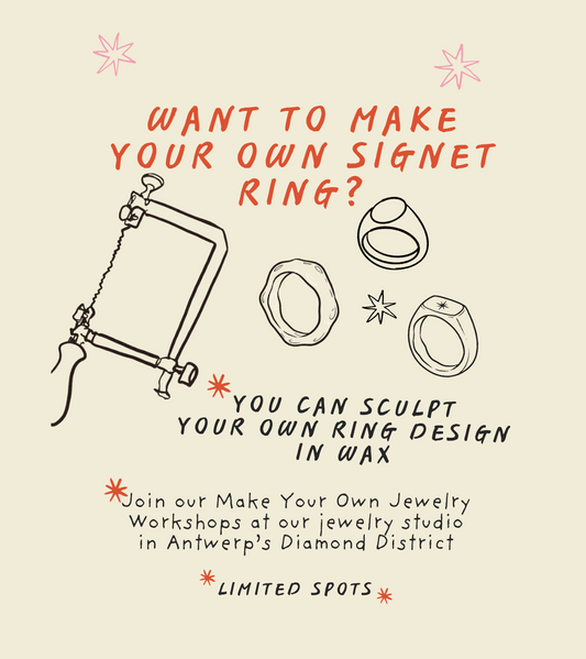 Advertisement for making a signet ring with jewelry-making tools and text on a beige background.
