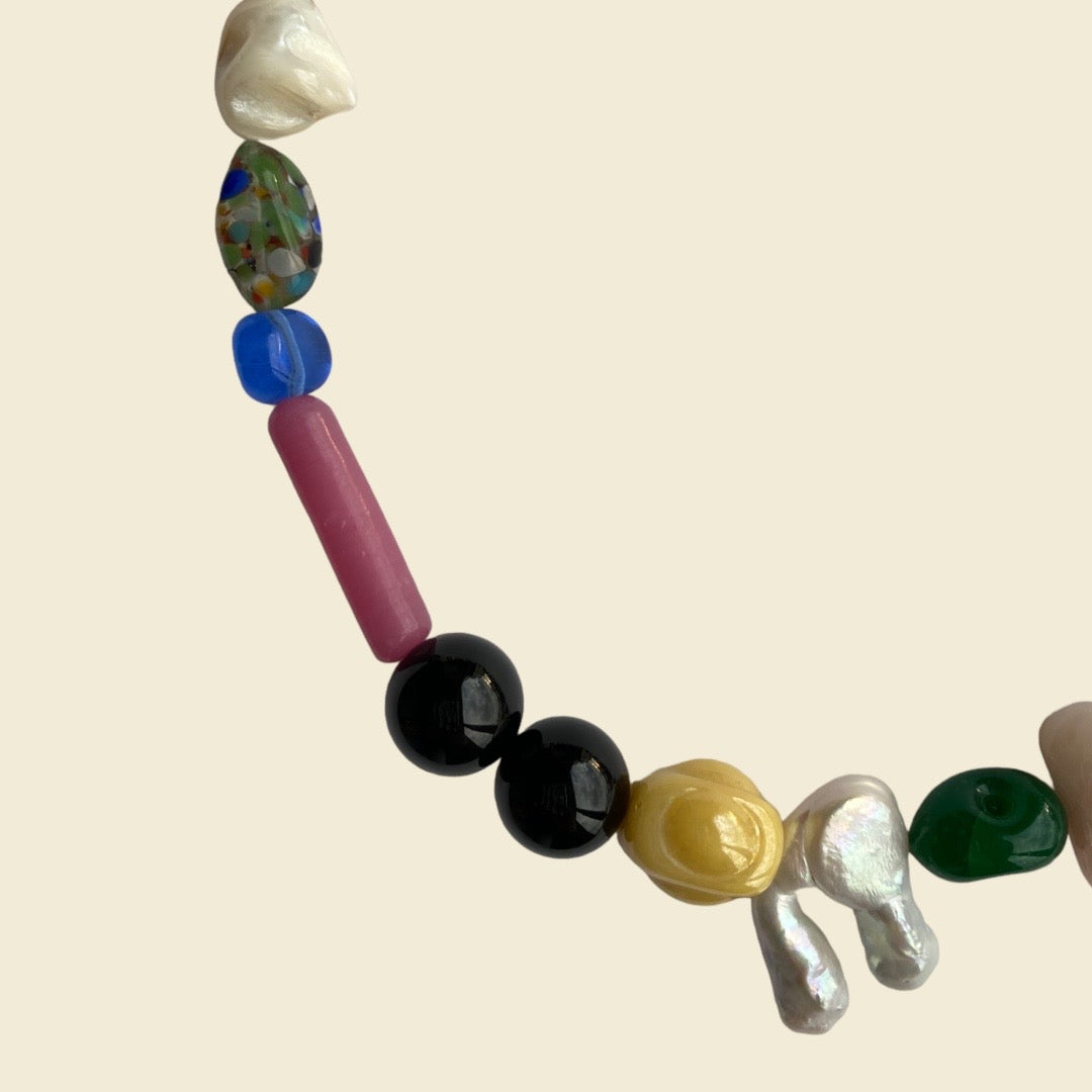 gemstone choker necklace featuring freshwater pearls, gemstones, vintage murano beads